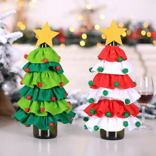 Christmas wine bottle cover with tree and ball decorations in red and green