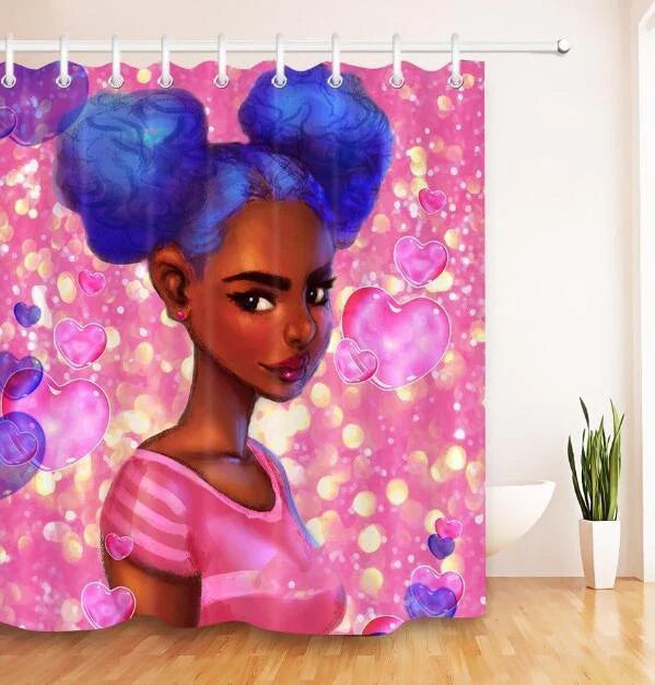 Vibrant African-inspired shower curtain with portrait of a beautiful African girl wearing earrings and bold hairstyle