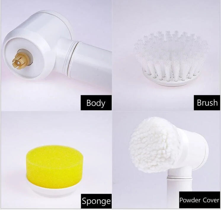 5-in-1 electric cleaning brush with white handle and three interchangeable heads
