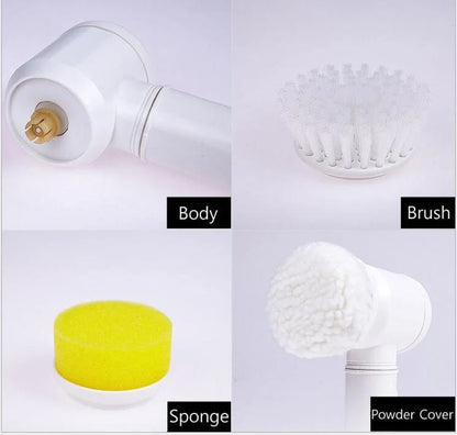 5-in-1 electric cleaning brush with white handle and three interchangeable heads