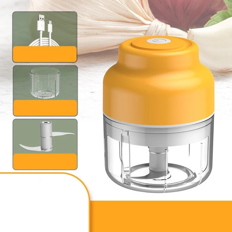 Baby Mini Cooking Machine Electric Garlic Masher in green, pink, and yellow