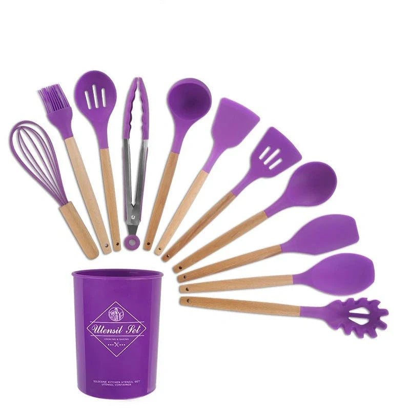 Silicone kitchenware set with wooden handles in various colors and styles, perfect for cooking, baking, and serving