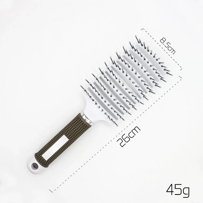 A premium hair brush with a sleek design, featuring soft bristles and a rounded massage function for healthy, detangled hair