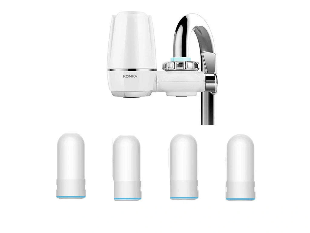 White kitchen tap water purifier with ceramic cartridge and universal adapter