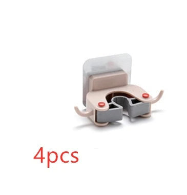 Adhesive wall-mounted mop and broom holder with double hooks for storing cleaning tools, available in multiple colors.