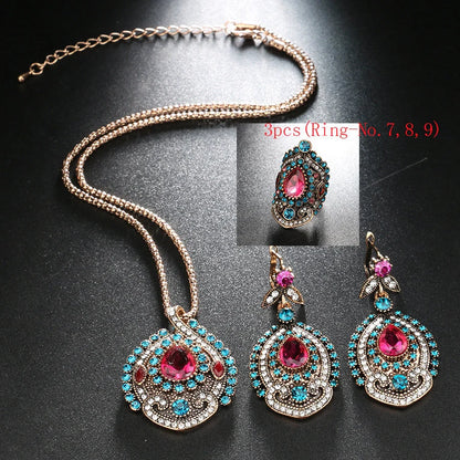 Elegant bohemian-style jewellery set featuring necklaces, earrings, and rings in a variety of colours and sizes