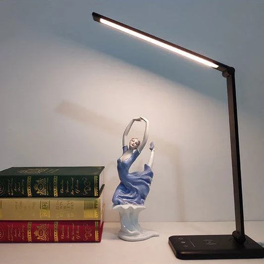 Premium wireless charging LED desk lamp with adjustable lighting, auto-timer, and foldable design for a customisable workspace