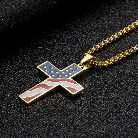 Stainless steel flag cross necklace for men, geometric design, polished finish.