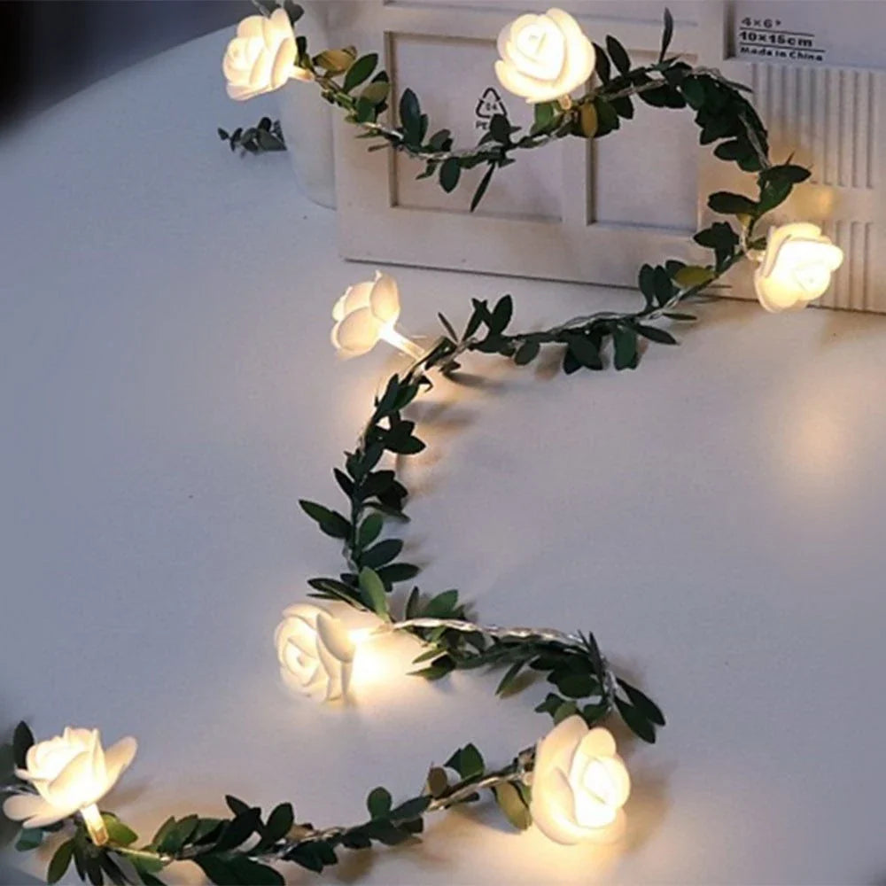 Elegant rose vine fairy lights with warm white LED bulbs for cozy, romantic home decor