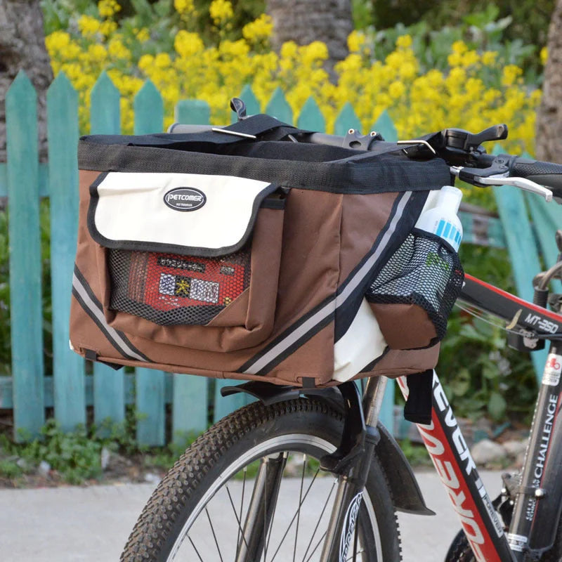 Pet bicycle carrier with removable basket for small cats and dogs, available in black, brown, blue, and red