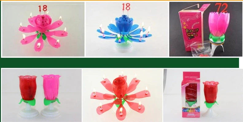 Musical Lotus Candles in various colours, showcasing the elegant lotus design and music feature