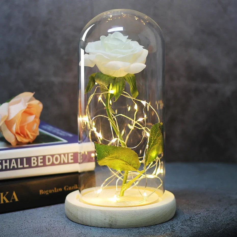 Enchanted Forever Rose in Glass LED Light decoration with realistic rose and wooden base