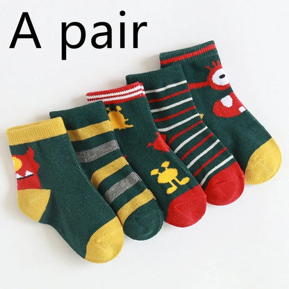 Kids' cartoon jacquard cotton socks in various fun designs for comfort and style