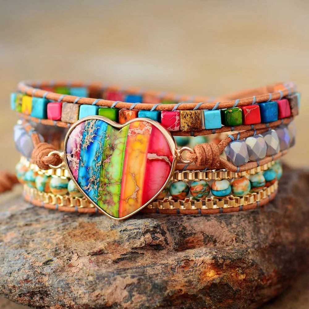 Hand-woven agate peace bracelet with heart-shaped charm