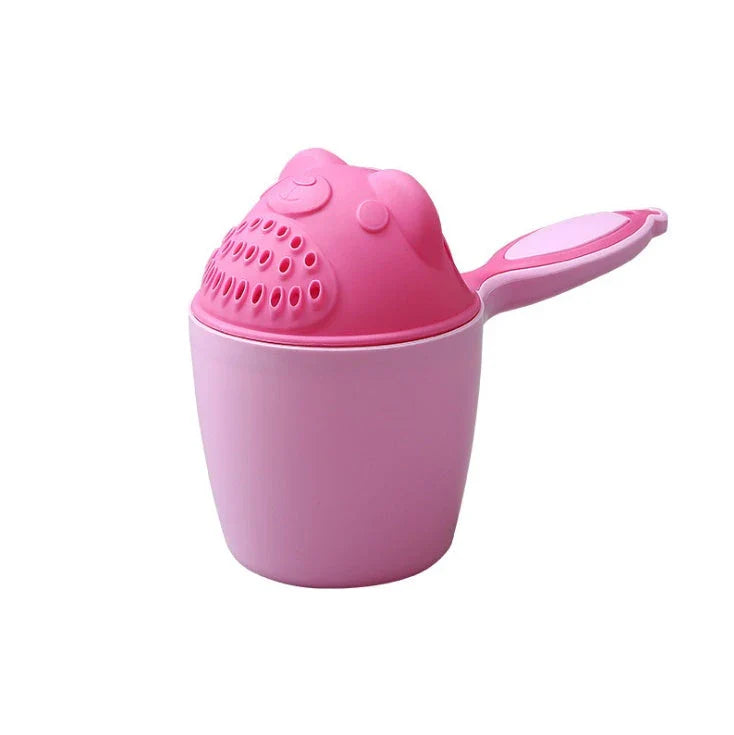 Shampoo rinse cup for baby bath time with comfortable handle and bright, colourful design