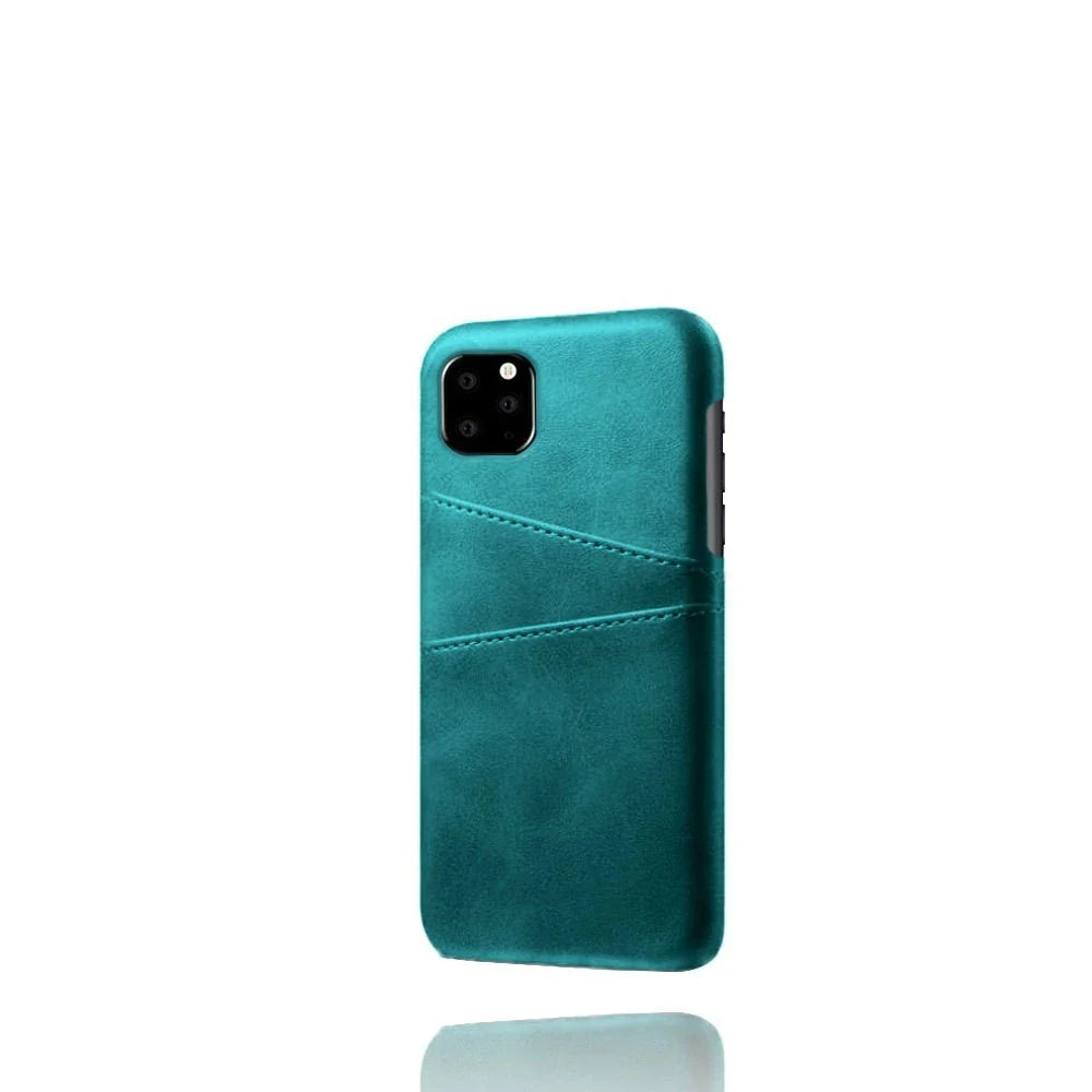 Stylish double card slot protective iPhone case with geometric pattern design, available in various color options
