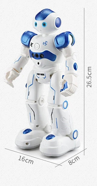 Remote-controlled dancing robot toy with gesture-sensing controls, preprogrammed songs and dances, and customizable programming capabilities