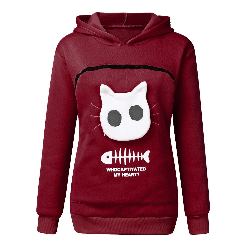 A stylish hooded jumper with a unique cat-themed pocket design, made from premium cotton fabric.