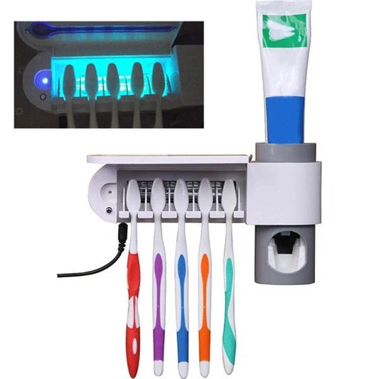 3-in-1 toothbrush holder with UV sterilizer and toothpaste dispenser, wall-mounted for space saving