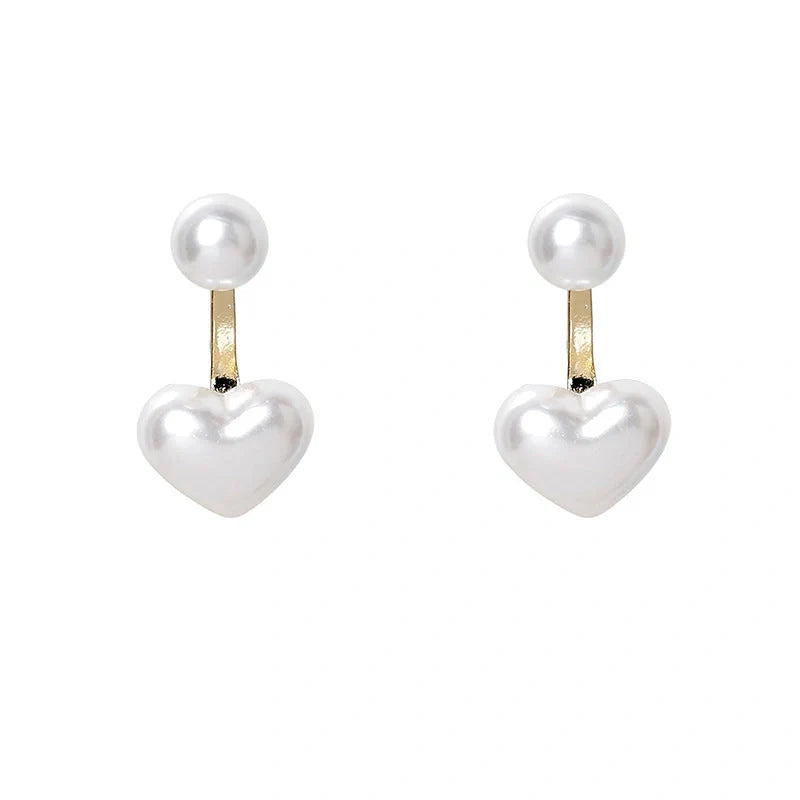 Korean style heart-shaped pearl stud earrings with alloy inlay