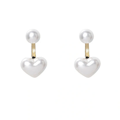 Korean style heart-shaped pearl stud earrings with alloy inlay