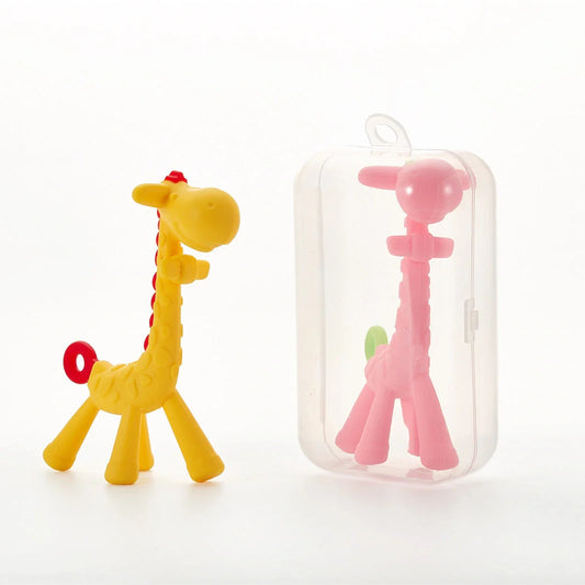 Premium baby giraffe teething toy made of soothing silicone with multiple chewable parts for soothing sore gums during teething