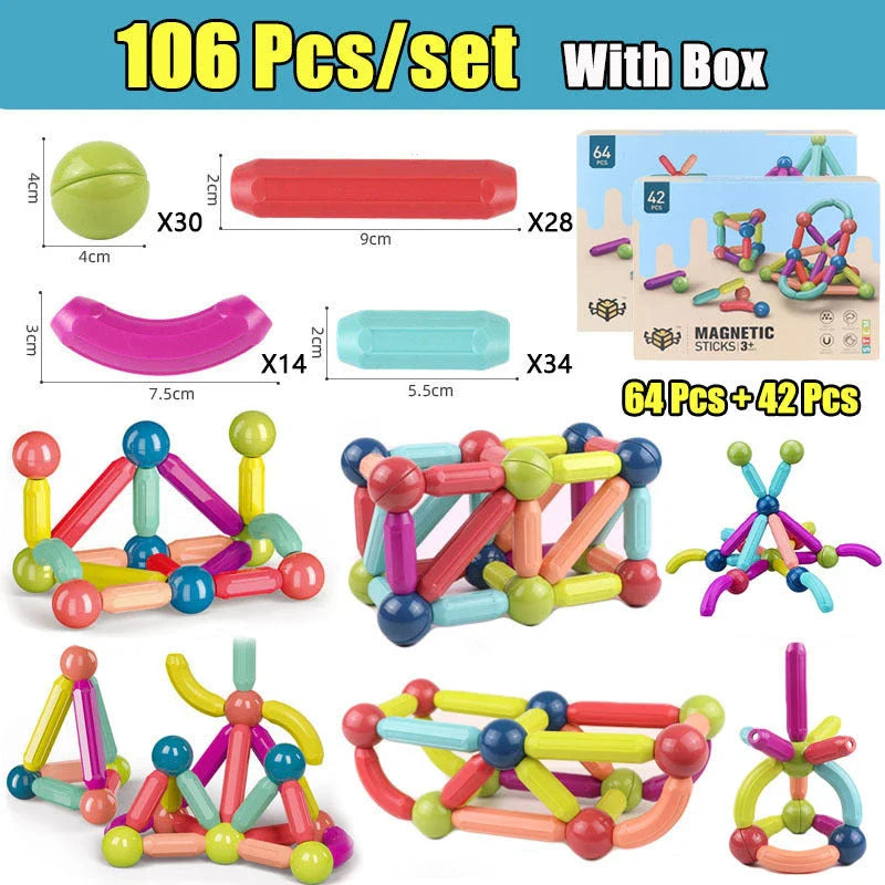 Versatile magnetic construction set with various building blocks and rods, allowing children to create imaginative structures and models