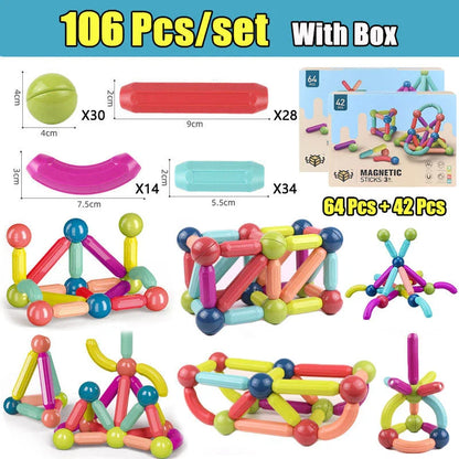 Versatile magnetic construction set with various building blocks and rods, allowing children to create imaginative structures and models