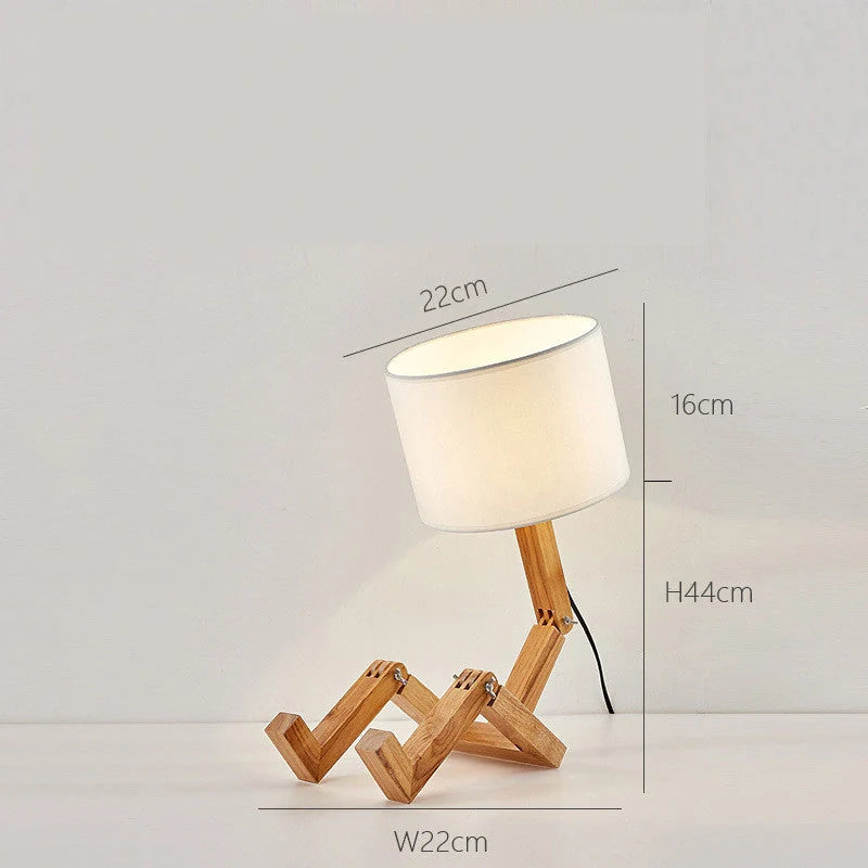 Robot-shaped LED table lamp with wooden base and linen shade for modern Nordic decor