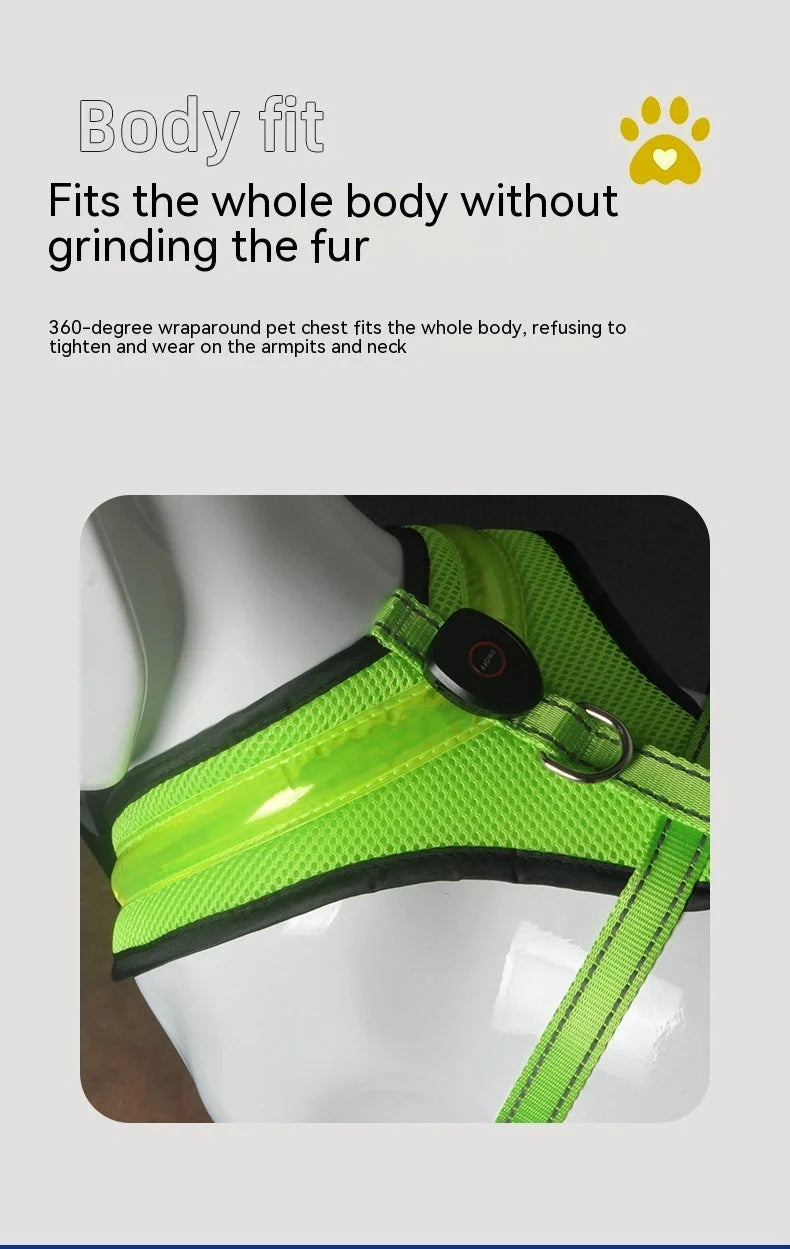 USB charging LED dog harness in blue, red, or green with reflective safety features
