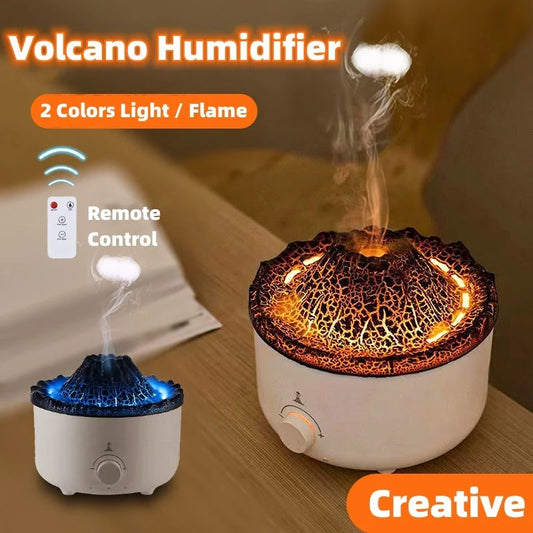 Small simulated flame volcano humidifier with aroma diffuser and remote control
