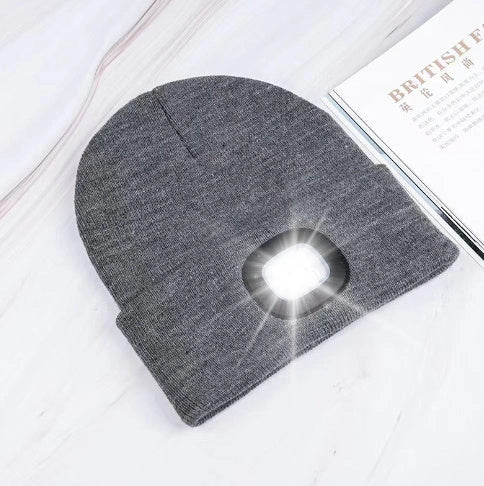LED Knit Hat with built-in light for night visibility, made from 100% wool