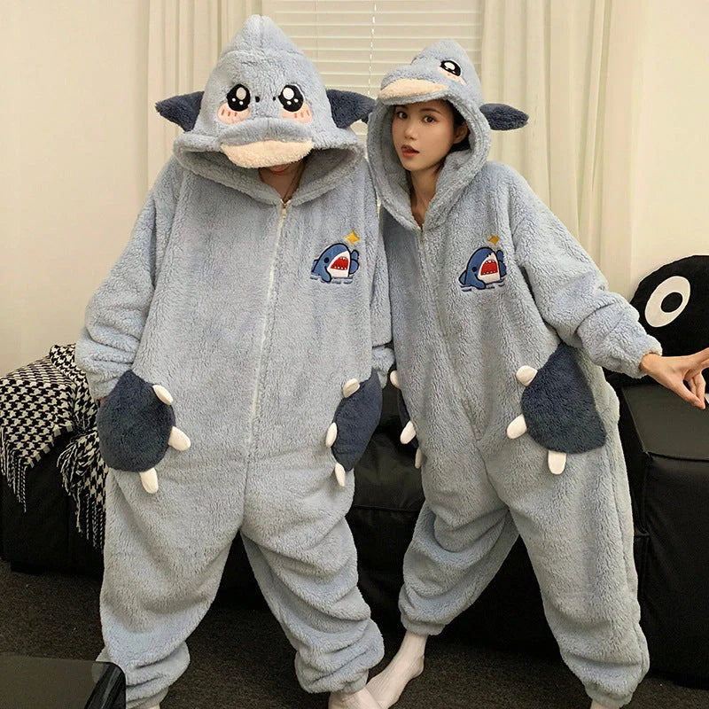 Cartoon design coral fleece winter jumpsuit for women and men
