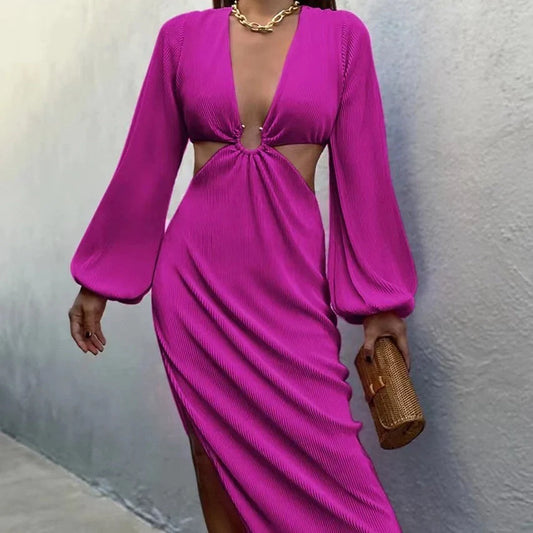 Stylish pressed pleated dresses in vibrant yellow, classic black, and chic dark pink colours for glamorous autumn fashion