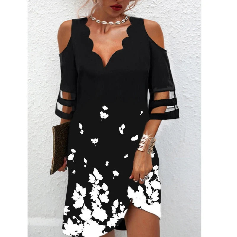 Women's summer chiffon dress with V-neck and mesh stitching in white and black