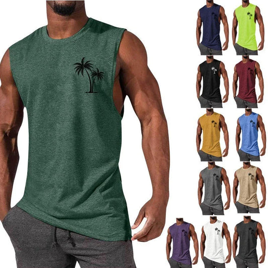 Tropical coconut tree print workout tank top for men, made with breathable, moisture-wicking fabrics for an active lifestyle.