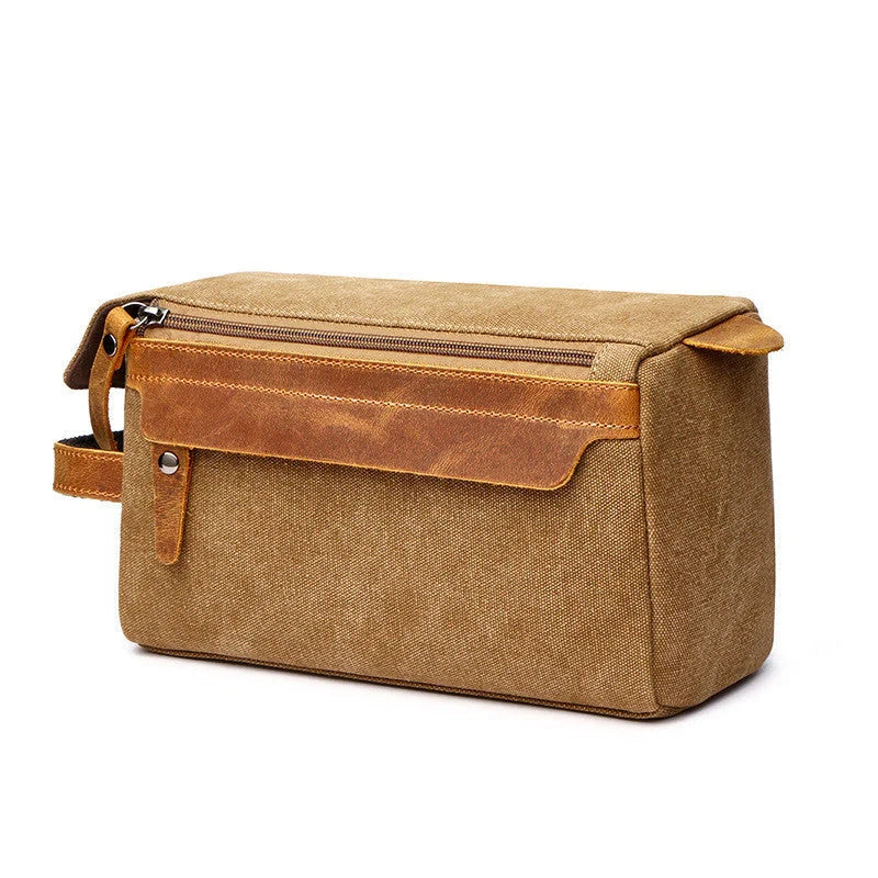 Premium canvas travel toiletry bag with multiple compartments and classic colours