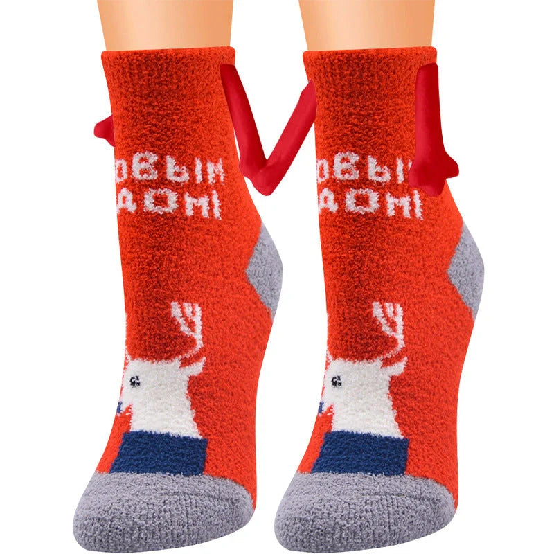 Christmas couple socks with magnetic suction feature for hand holding, festive 3D animal patterns