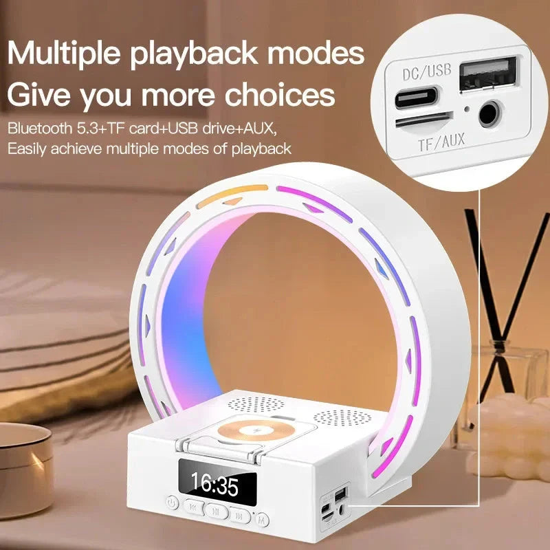 4-in-1 Wireless Bluetooth Speaker with charging pad and alarm clock in white and black
