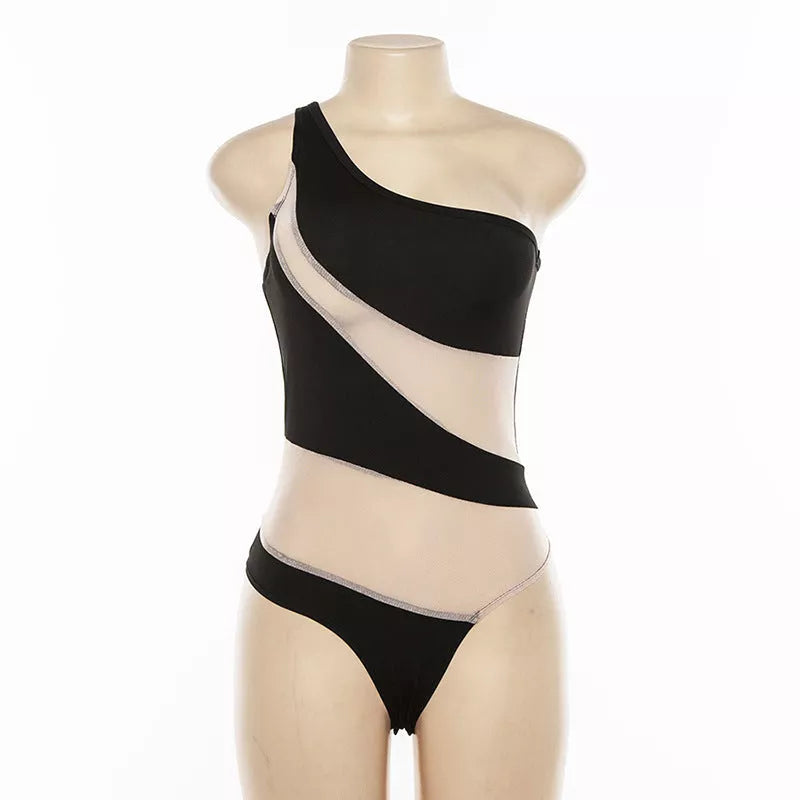 Women's black mesh one-piece swimsuit with built-in chest pad for support