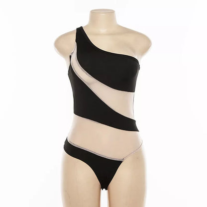 Women's black mesh one-piece swimsuit with built-in chest pad for support