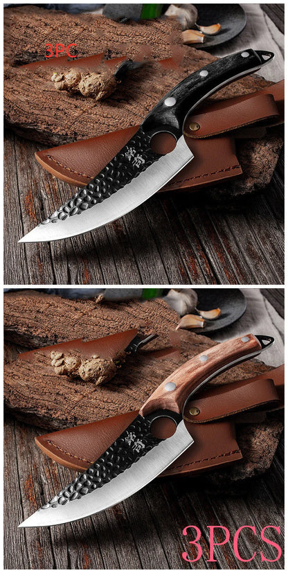Forged stainless steel boning knife with ergonomic handle and leather sheath