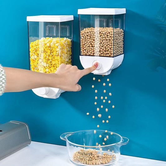 Convenient kitchen food storage container with transparent design, wall-mounted for space-saving storage of cereals, snacks, and other dry goods