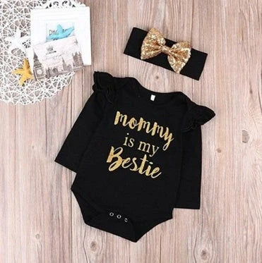 Adorable baby in hip-hop style cotton one-piece and head scarf set
