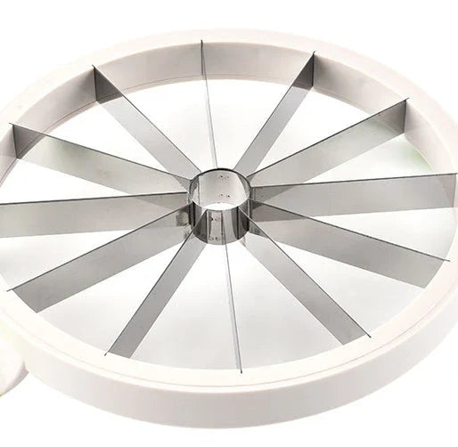 Premium stainless steel watermelon slicer with ergonomic non-slip handles for easy, precise fruit preparation