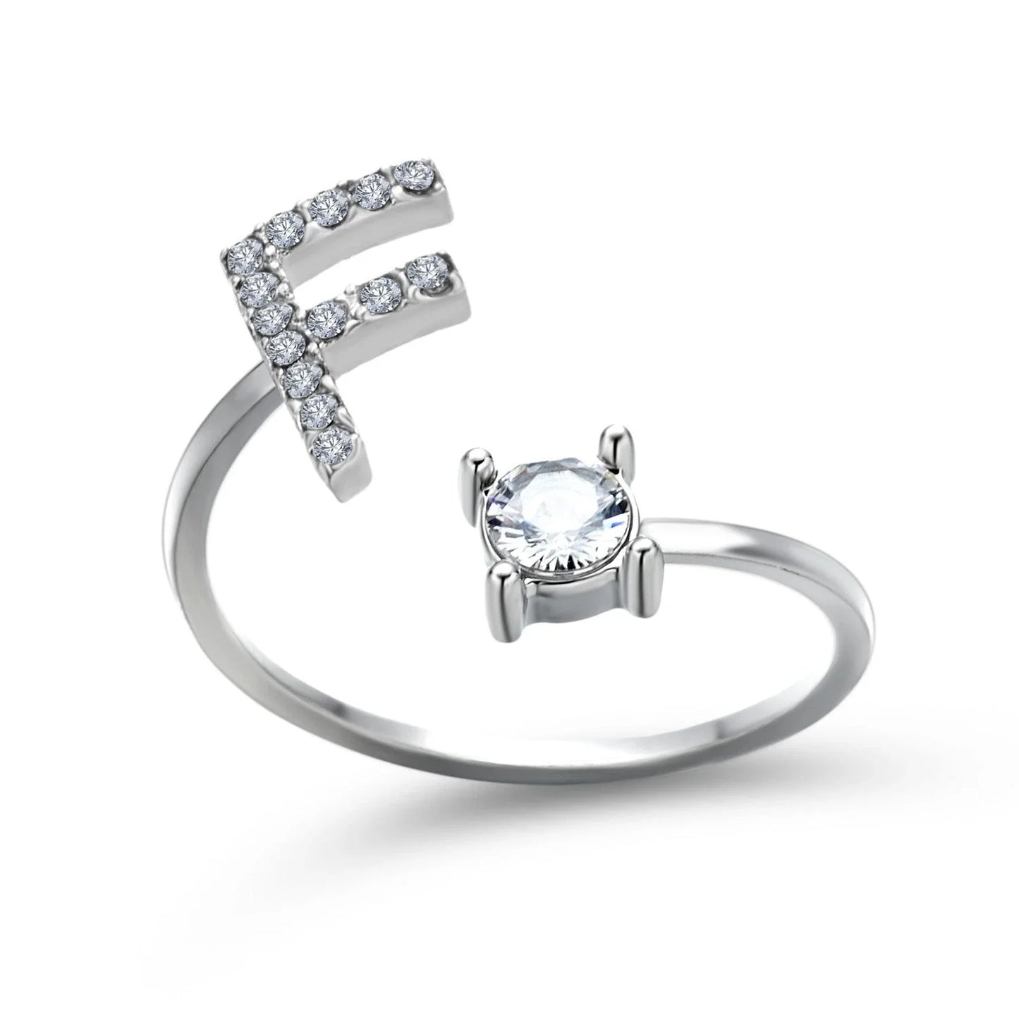 Customizable adjustable ring with 26 letters for women, featuring zircon stones and copper alloy construction