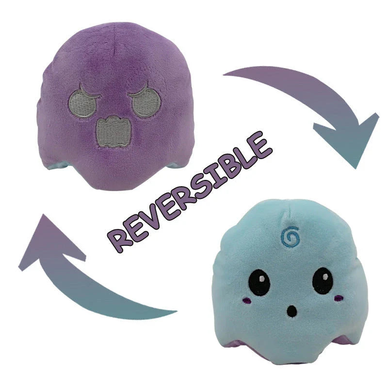 Reversible ghost plush toy with a soft, huggable design and a whimsical, dual-sided expression