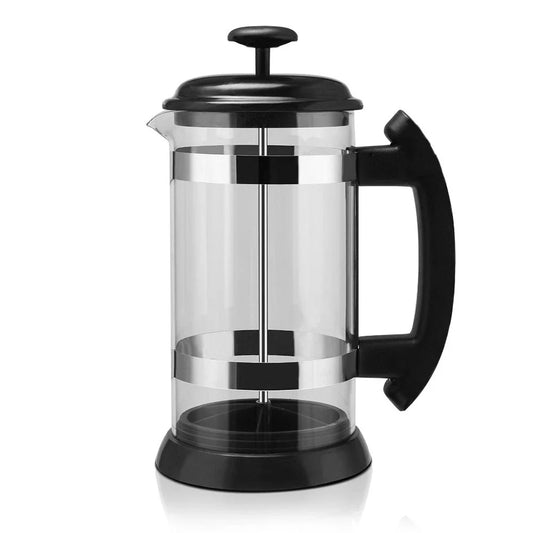 Elegant French press coffee maker in glass and stainless steel, perfect for brewing rich, aromatic coffee at home