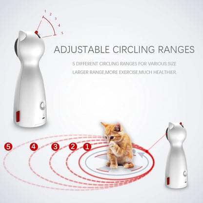 A white, automatic LED laser cat toy that provides endless entertainment for felines by engaging their natural hunting instincts.