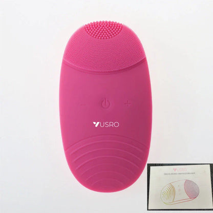 A rose red, ultrasound-powered facial cleansing device with adjustable gear positions for customised power and convenience.
